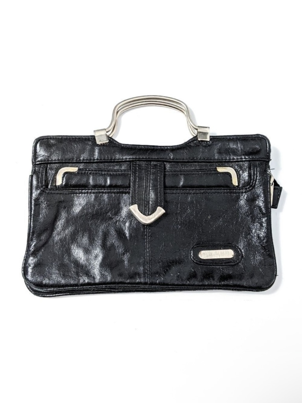 VINTAGE Black Leather Metal Handle Handbag